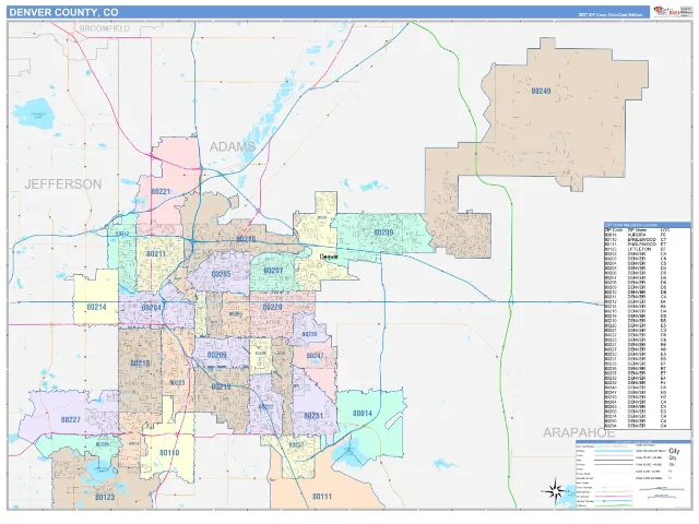 Denver County, CO ZIP Code Wall Map, ColorCast style