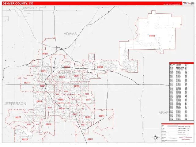 Denver County, CO ZIP Code Wall Map, RedLine style
