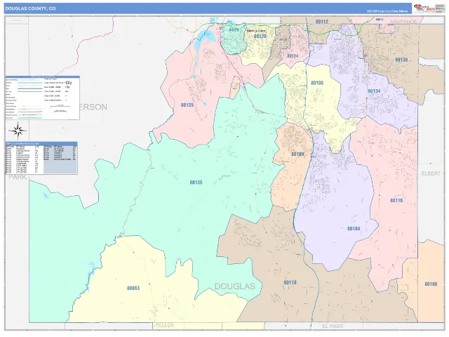 Douglas County, CO ZIP Code Wall Map, ColorCast style