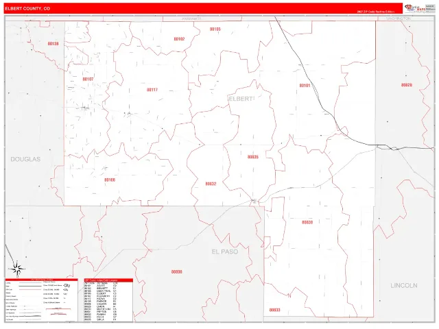 Elbert County, CO ZIP Code Wall Map, RedLine style