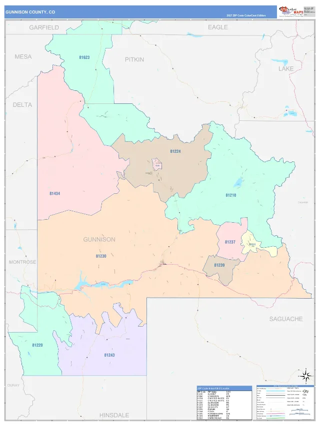 Gunnison County, CO ZIP Code Wall Map, ColorCast style