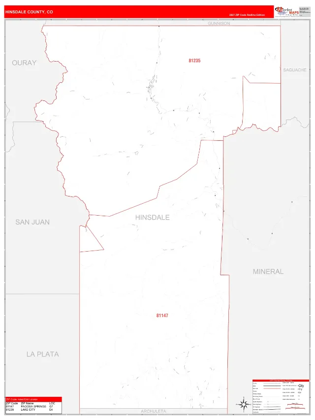 Hinsdale County, CO ZIP Code Wall Map, RedLine style