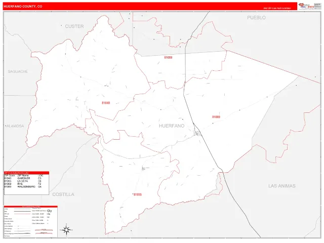 Huerfano County, CO ZIP Code Wall Map, RedLine style