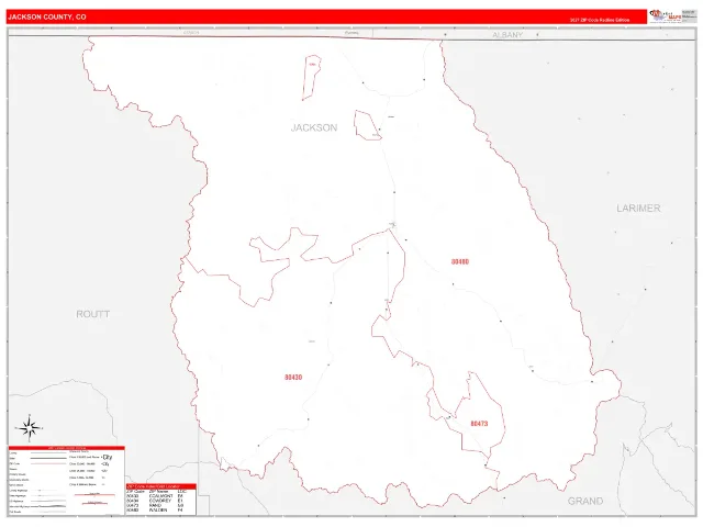 Jackson County, CO ZIP Code Wall Map, RedLine style