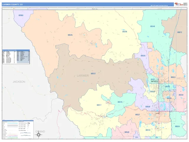 Larimer County, CO ZIP Code Wall Map, ColorCast style
