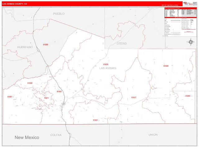 Las Animas County, CO ZIP Code Wall Map, RedLine style