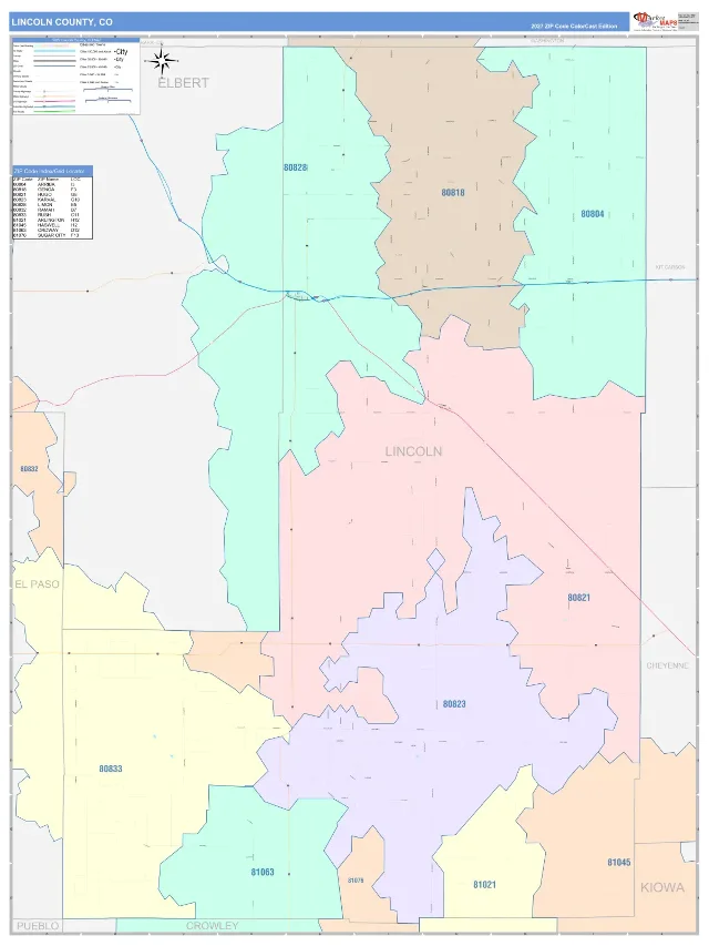 Lincoln County, CO ZIP Code Wall Map, ColorCast style
