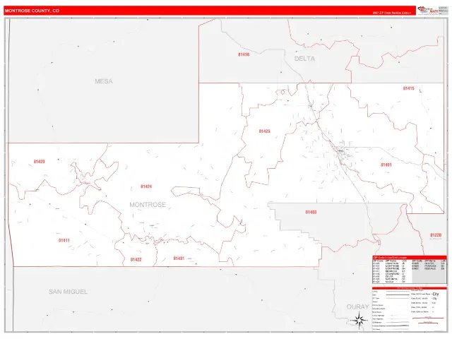 Montrose County, CO ZIP Code Wall Map, RedLine style