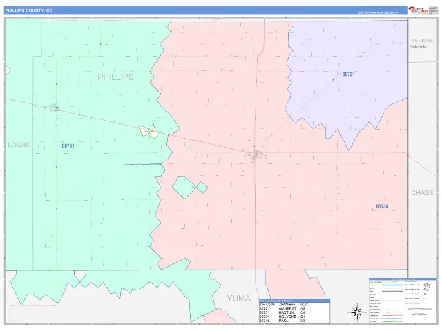 Phillips County, CO ZIP Code Wall Map, ColorCast style