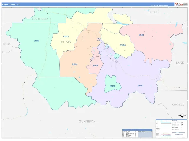Pitkin County, CO ZIP Code Wall Map, ColorCast style
