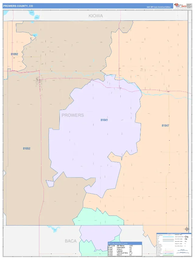 Prowers County, CO ZIP Code Wall Map, ColorCast style