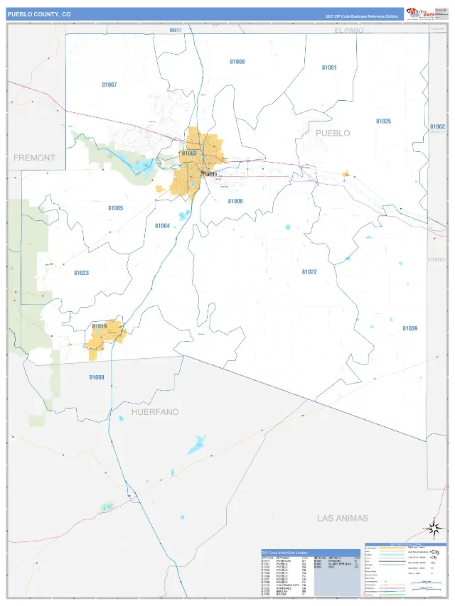 Pueblo County, CO ZIP Code Wall Map, Business Reference style
