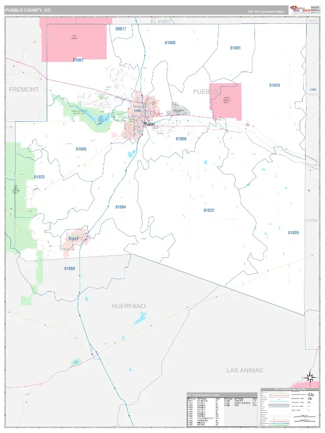 Pueblo County, CO ZIP Code Wall Map, Classic style