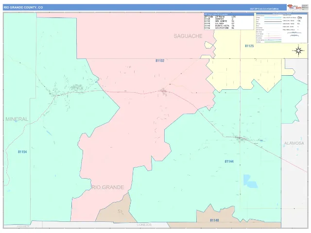 Rio Grande County, CO ZIP Code Wall Map, ColorCast style