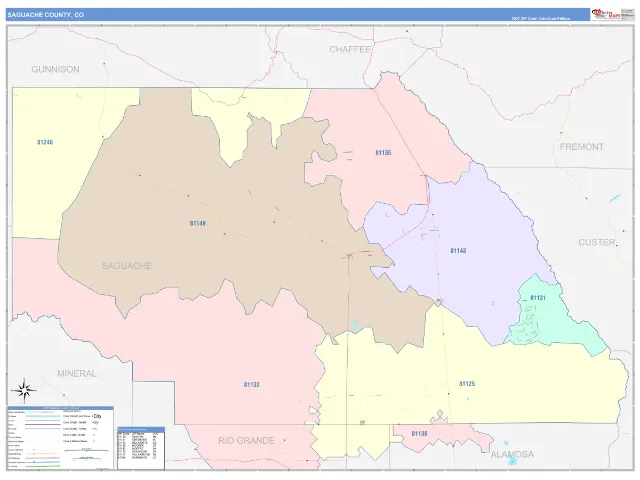 Saguache County, CO ZIP Code Wall Map, ColorCast style