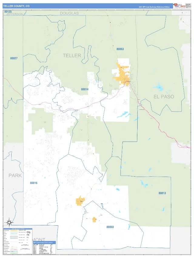 Teller County, CO ZIP Code Wall Map, Business Reference style