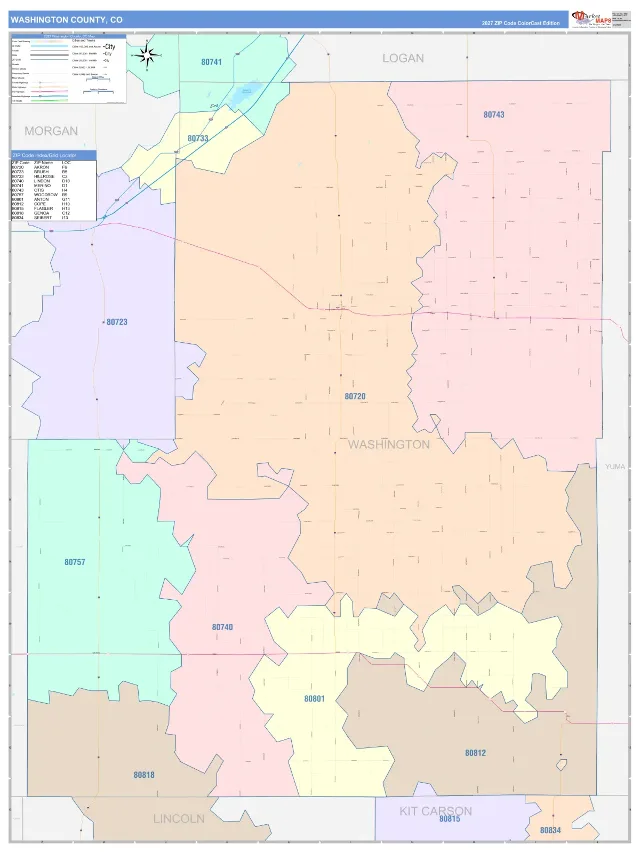 Washington County, CO ZIP Code Wall Map, ColorCast style