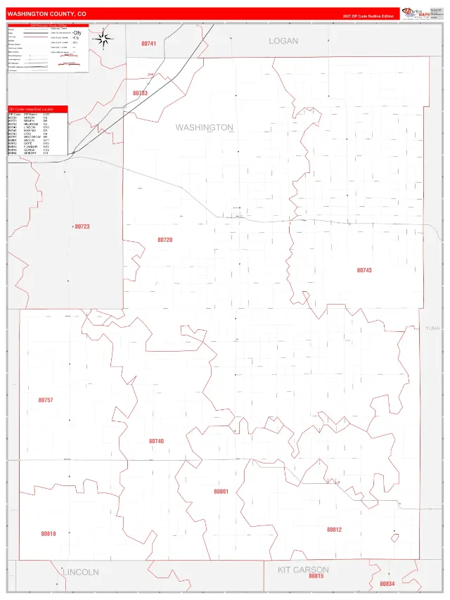 Washington County, CO ZIP Code Wall Map, RedLine style