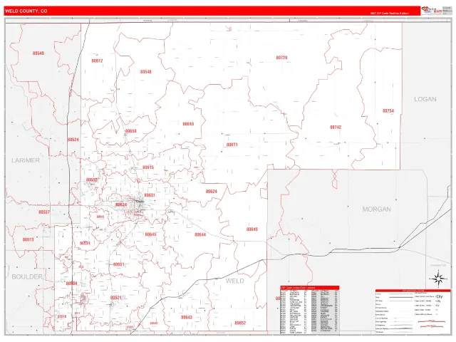 Weld County, CO ZIP Code Wall Map, RedLine style