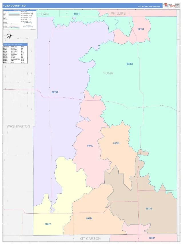 Yuma County, CO ZIP Code Wall Map, ColorCast style