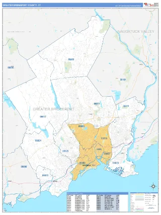 Greater Bridgeport County, CT Business Reference style ZIP Code wall map