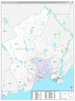 Greater Bridgeport County, CT Classic style ZIP Code wall map