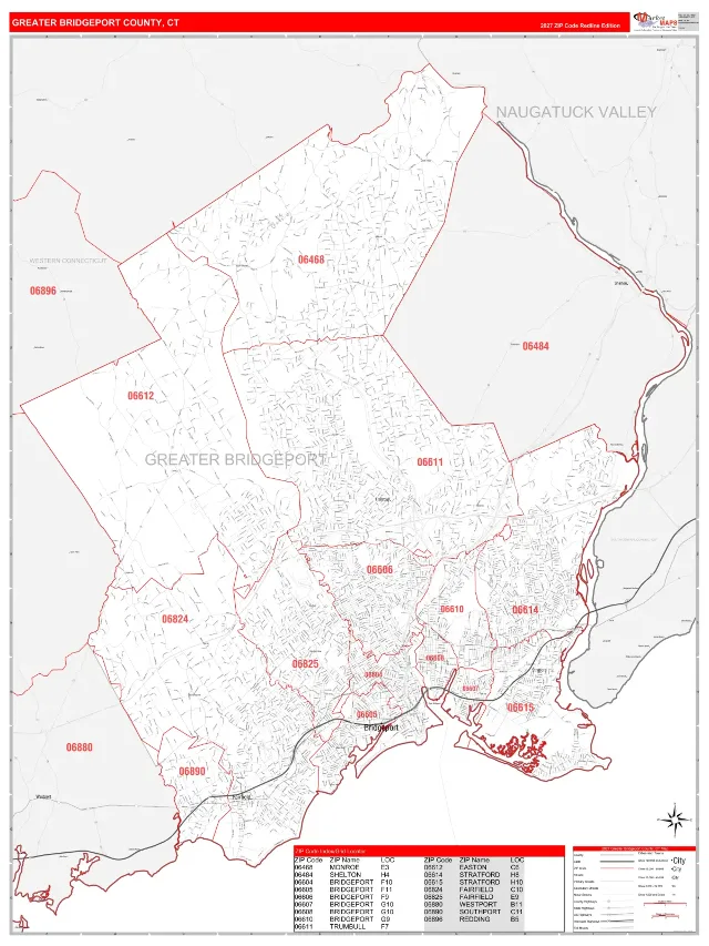 Greater Bridgeport County, CT ZIP Code Wall Map, RedLine style