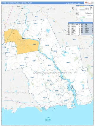 Lower Connecticut River Valley County, CT Business Reference style ZIP Code wall map
