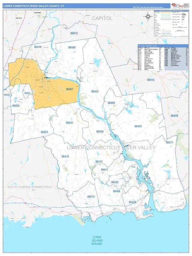 Lower Connecticut River Valley County, CT ZIP Code Wall Map, Business Reference style