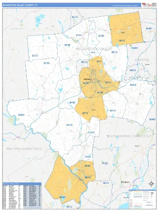Naugatuck Valley County, CT Business Reference style ZIP Code wall map