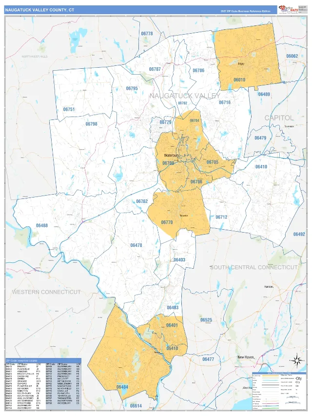 Naugatuck Valley County, CT ZIP Code Wall Map, Business Reference style