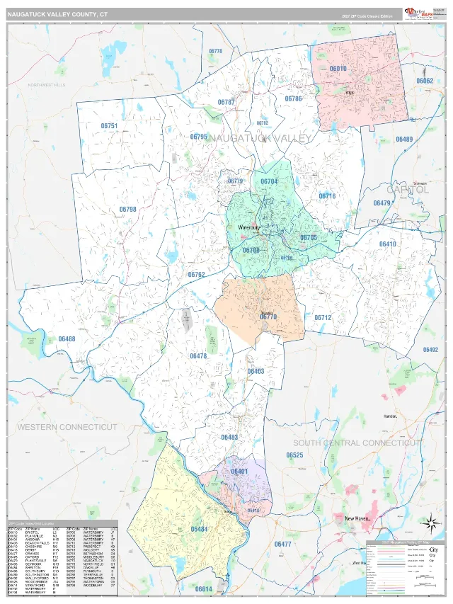 Naugatuck Valley County, CT ZIP Code Wall Map, Classic style