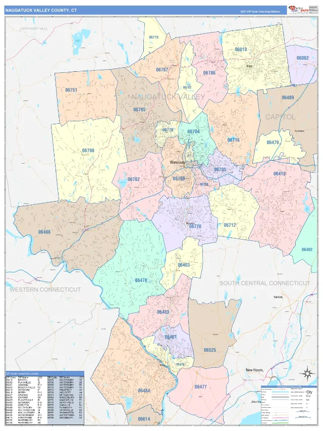 Naugatuck Valley County, CT ZIP Code Wall Map, ColorCast style