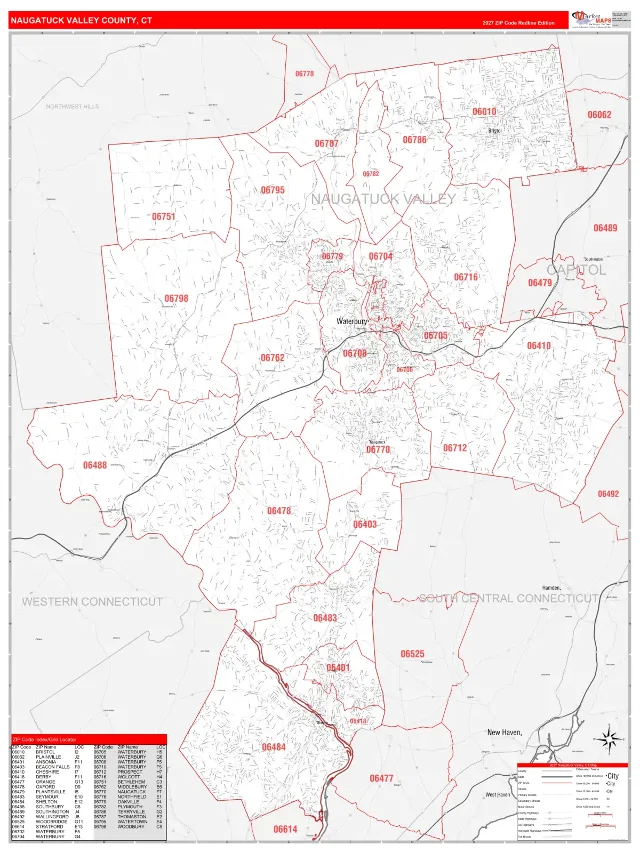 Naugatuck Valley County, CT ZIP Code Wall Map, RedLine style