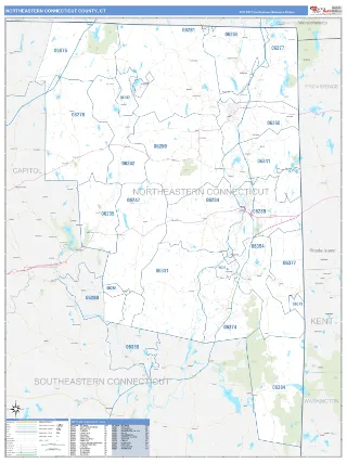 Northeastern Connecticut County, CT Business Reference style ZIP Code wall map