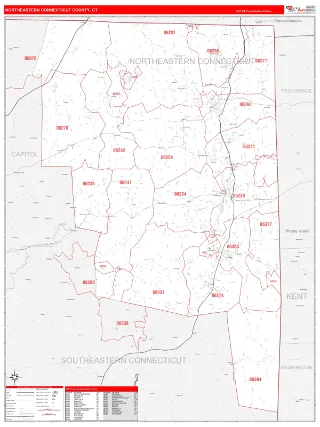 Northeastern Connecticut County, CT RedLine style ZIP Code wall map