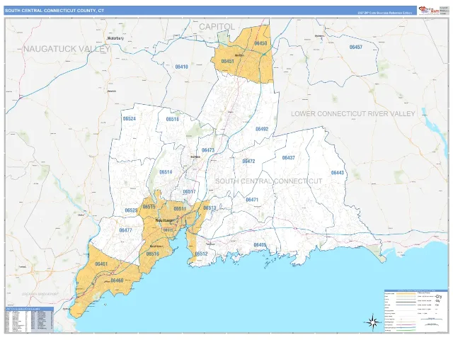 South Central Connecticut County, CT ZIP Code Wall Map, Business Reference style