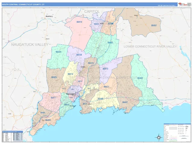 South Central Connecticut County, CT ZIP Code Wall Map, ColorCast style
