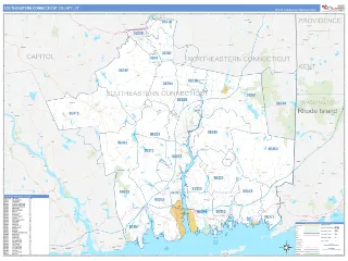 Southeastern Connecticut County, CT Business Reference style ZIP Code wall map