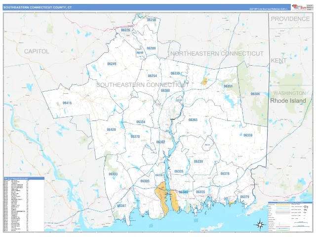 Southeastern Connecticut County, CT ZIP Code Wall Map, Business Reference style