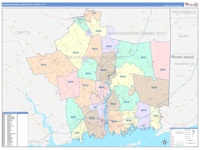 Southeastern Connecticut County, CT ZIP Code Wall Map, ColorCast style
