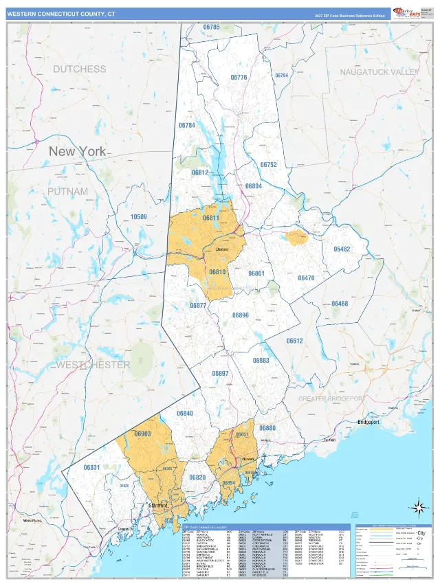 Western Connecticut County, CT ZIP Code Wall Map, Business Reference style