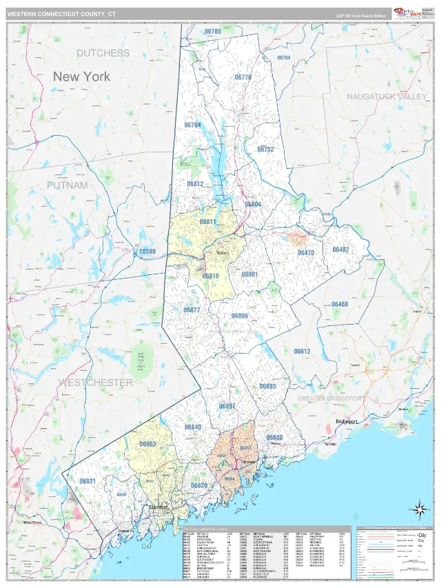 Western Connecticut County, CT ZIP Code Wall Map, Classic style