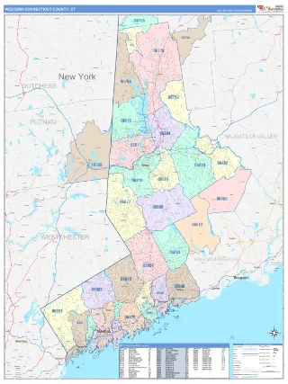 Western Connecticut County, CT ColorCast style ZIP Code wall map