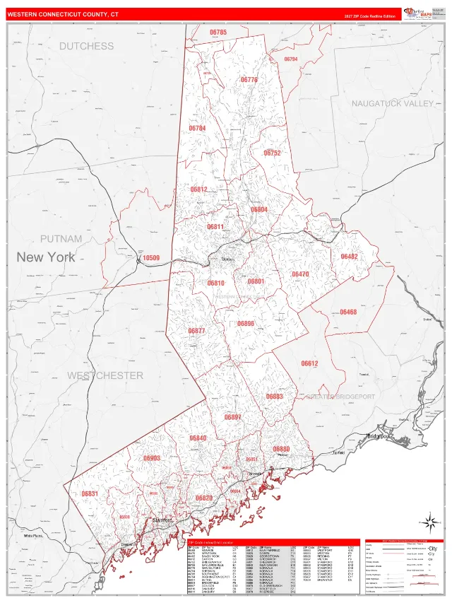 Western Connecticut County, CT ZIP Code Wall Map, RedLine style