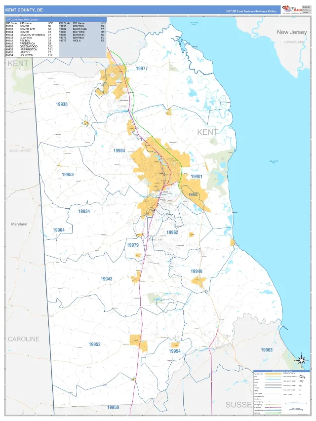 Kent County, DE ZIP Code Wall Map, Business Reference style