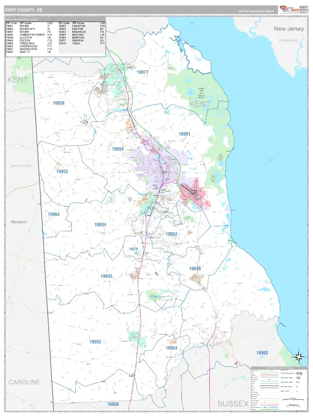 Kent County, DE ZIP Code Wall Map, Classic style