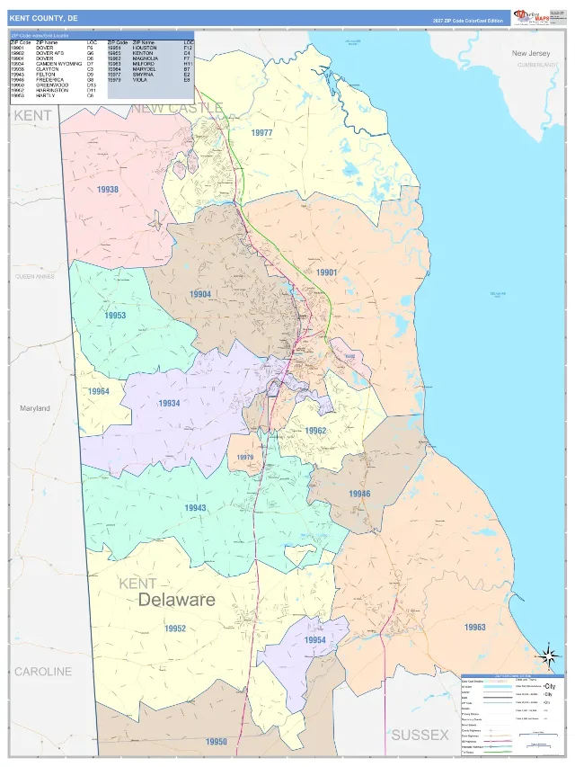 Kent County, DE ZIP Code Wall Map, ColorCast style