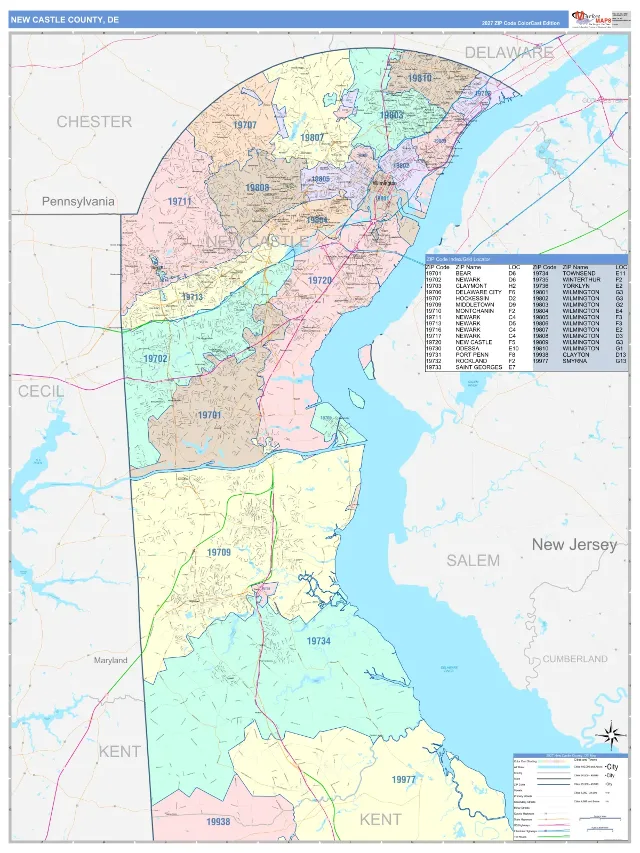 New Castle County, DE ZIP Code Wall Map, ColorCast style