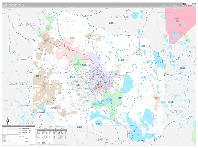 Alachua County, FL ZIP Code Wall Map, Classic style